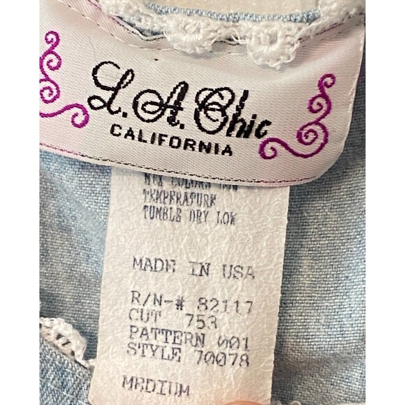 Vtg LA Chic Girls M Denim Dress Pockets Button Front USA Made Cottage Lace Kids - Picture 8 of 10